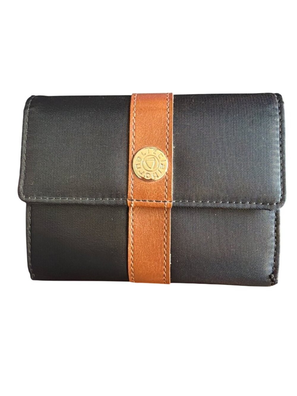 Liz Claiborne Black Nylon Brown Tri Fold Wallet Zipper Card Slots NWOT